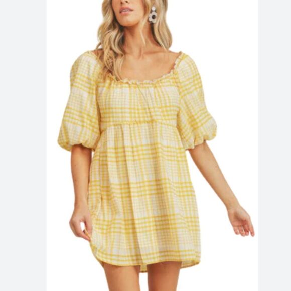 Lush Puff Sleeve Sunshine Plaid Gingham Mini Dress in Yellow - Picture 1 of 6